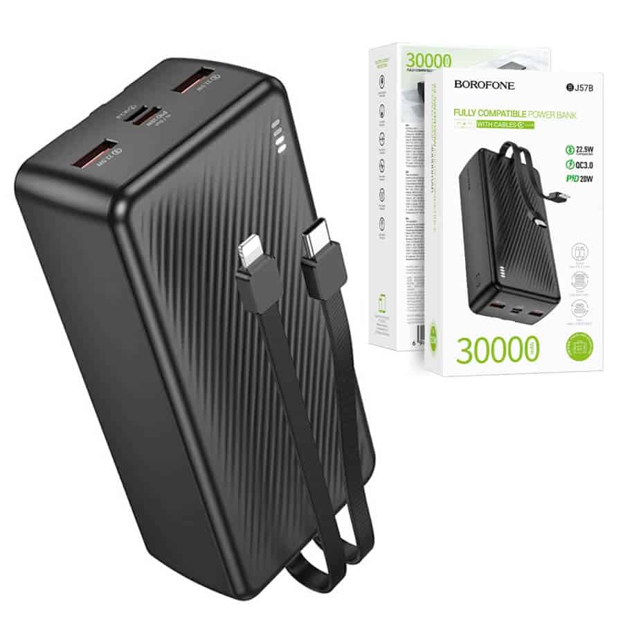 Borofone BJ57B 30000mAh 22.5W+PD20W Fast Charging Charger Portable High Capacity Power Bank With Type C & Lightning Cable (Black) Borofone BJ57B 30000mAh 22.5W+PD20W Fast Charging Charger Portable High Capacity Power Bank With Type C & Lightning Cable (Black)